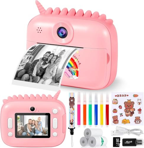 Appareil Photo Numérique Instantané,avec Papier d'impression & Carte TF 32G, Caméra Vidéo avec Stylos Colorés pour Le Bricolage, Cadeau pour Filles Garçons de 3-14 Ans