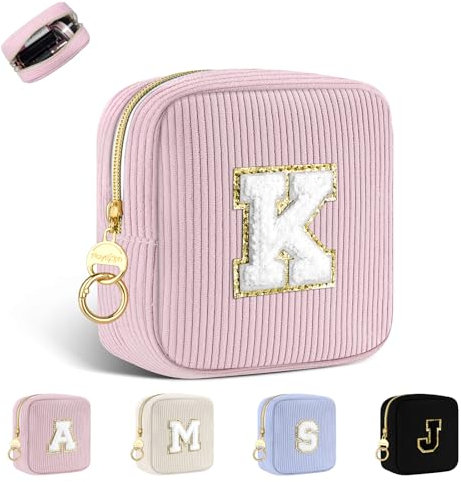 Trousse per Trucchi Donna Personalizzata Iniziale Piccola Borsa da Cosmetici Beauty Case da Viaggio Accessori Pochette Trucchi Organizer in Velluto a Coste Regalo per Ragazza Amica Compleanno Rose K