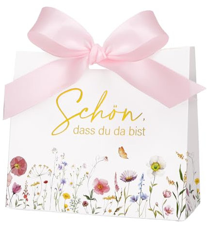 BETESSIN Gastgeschenke Hochzeit - Schön dass du da bist - 24 Stück Geschenkboxen mit Blumenmotiven - Kleine Papierschachteln für Hochzeit, Babyparty, Geburtstag & Feierlichkeiten (11.5x4.5x10cm)