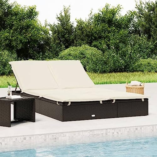 IKAYAA Doppelliege Outdoor 2 Personen Sonnenliege für 2 Personen Doppel Gartenliege Rattan Sonnenliege Sonnenbett Loungebett Gartenbett mit Auflage Liege Outdoor Rattanliege Schwarz und Creme