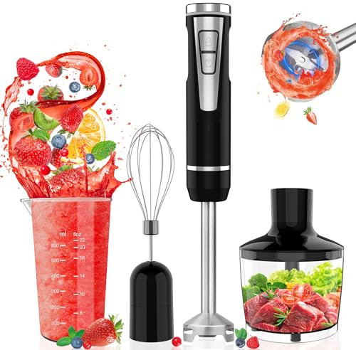Frullatore a immersione senza fili a mano: frullatore a immersione 4 in 1 con tritatutto da 500 ml, bicchiere da 600 ml, frusta per uova, 8 velocità con USB ricaricabile per frullati, alimenti per