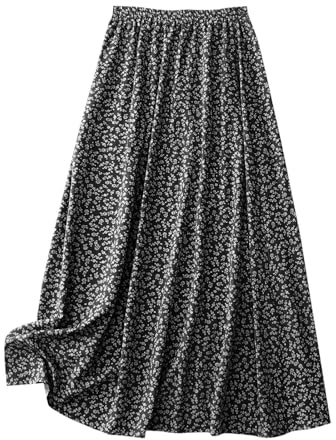 KUIH Skirts for Women UK 2025 Summer Floral Print Boho Long Skirts for Ladies Elasticated Waist A Line Maxi Skirt Party Dress Holiday Vacation Beach Clothes Black