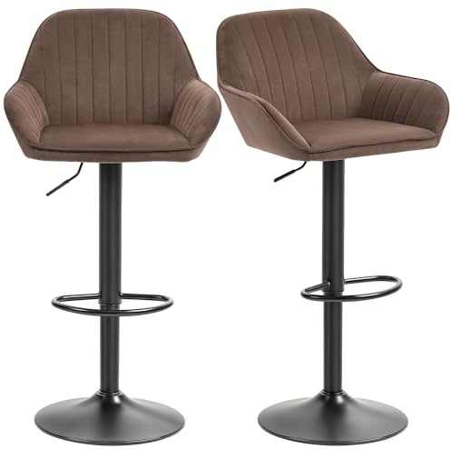 HOMCOM Juego de 2 Taburetes de Bar Giratorios, Taburetes Altos de Cocina con Altura Ajustable 62-83 cm, Sillas Altas de Cocina, Tapizada en Terciopelo, Respaldo y Reposapiés, Marrón