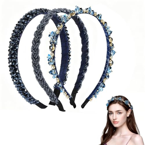 CHUANFU 3 Stück Strass Haarreif, Dirndl Trachten Haarreif Elegant, Haarschmuck Kristall Stirnbänder, 1/1.2/1.5 CM Haarreifen Damen für Tracht Hochzeit Kommunion Karneval Oktoberfest (Blau)