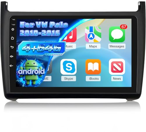 [4+64G] Car Radio for VW Polo 2010-2016, Wireless Carplay and Android Auto | Techschermo 9 Inch HD Touch Screen Android Car Stereo - EQ Audio / GPS / WiFi / SWC / BT / Mirror Link + AHD Backup Camera