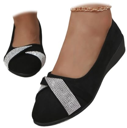 Women's Comfortable Arch Support Wedge Slip-On Shoes, Lightweight Leather Shoes Low Heel Wedge Casual Work Ballerina Court Shoes