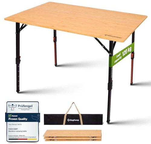 KingCamp Campingtisch Bambus Klapptisch Höhenverstellbar (42-70cm) Camping Tisch Faltbar Tragbar & Klappbar 120kg Belastbarkeit – Robuster Faltischer für Camping, Garten, Balkon & Picknick