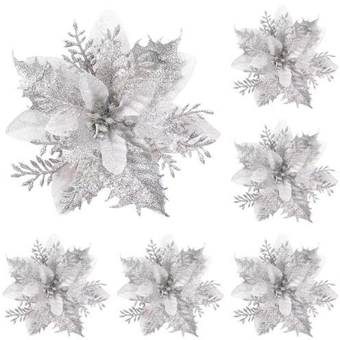 12 Stück Weihnachten Glitzer Weihnachtsstern Blumen Mit Clips, Künstliche Baumschmuck,Kunstblumen Weihnachten,Glitzer Kunstblumen Deko,Für Hochzeiten, Weihnachtskränze Und Homeparty (Silber)