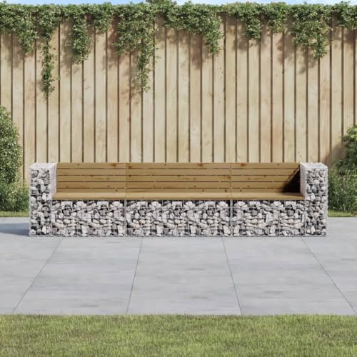 HEFZGDB Gartenbank aus Gabionen 287x71x65,5 cm Kiefernholz Kesseldruckimprägniert mit verzinktem Stahlkorb für Steinfüllung - 2 Eckbänke und 1 Mittelbank - Robuste Sitzgelegenheit