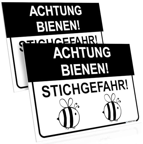 PRINTIMA 2x Schild „ACHTUNG BIENEN! – STICHGEFAHR!“ 32x21 cm – PVC Warnschild wetterfest & UV-beständig, inkl. Dübel, deutlicher Hinweis für Imker, Gärten, Naturflächen & Außenbereiche