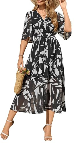 PASUDA Women Dresses Summer Floral Maxi Dress Short Sleeve Boho Ladies Dress Casual Bohemian Flowy Swing Plus Size V Neck for Daily Beach Holiday Wedding