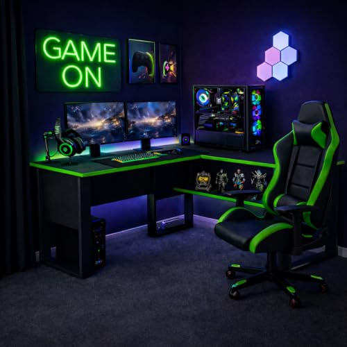 Homidea Arena - Scrivania da gaming a forma di L - Scrivania angolare per gamer e scrivania per la casa - Grande scrivania per computer - Design moderno - Nero/verde
