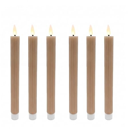 Relaxdays LED Stabkerzen, 6er Set, HxD 25 x 2 cm, flackernde Flamme, Echtwachs, Rillen, flammenlose Kerzen, Mocha-Mousse