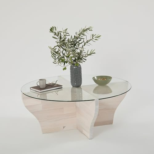 Hanah Home Modern White Coffee Table, 92 x 36 x 92 cm | 100% Tempered Glass Top & Solid Pine Wood Frame | Stylish & Durable for Contemporary Living Spaces
