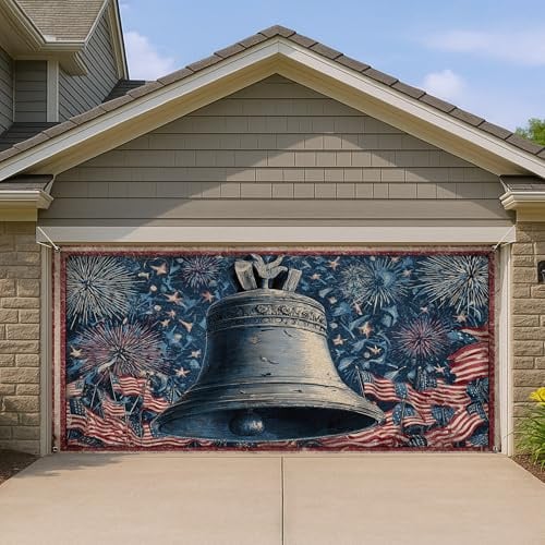 Patriotische Garagentorabdeckung, Vintage-Glocke und Feuerwerk-Design, rot-weiß-blau, Outdoor-Dekoration für Unabhängigkeitstag und Sommerfeiern, 390 x 180 cm