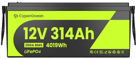 Batería LiFePO4 12V 314Ah de CyperOcean,Batería Solar de Ciclo Profundo con BMS Inteligente de 200A, Ideal para Sistemas Off-Grid, RV y Energía Residencial (4019Wh, Celdas EV Grado A)