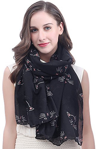 Lina & Lily Damen Schal mit Katze Motiv (Schwarz)