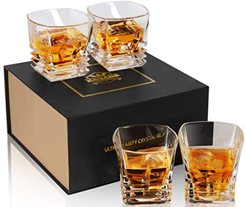 KANARS Whiskey Glass 9 Oz, Set of 4 Crystal Rock Glasses for Scotch Bourbon Liquor Snifter Brandy Rum, Square Whisky Tumblers for Men Dad, Gift for Father's Day Retirement Wedding