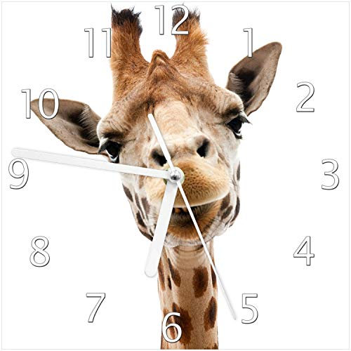 Wallario Design-Wanduhr Giraffenkopf aus Glas, Motiv-Uhr Größe 20 x 20 cm, weiße Zeiger