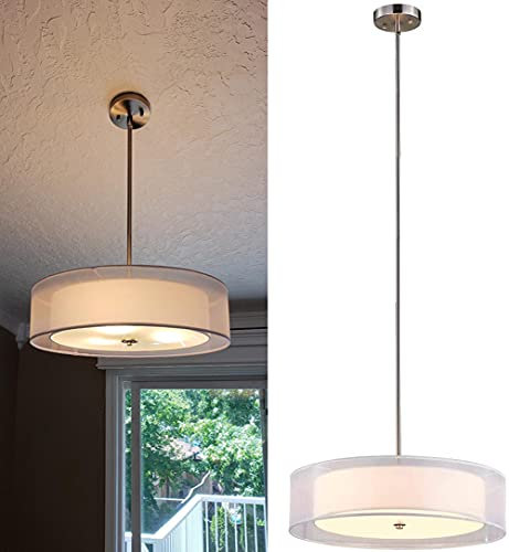 Depuley LED Deckenlampe Höhenverstellbar Rund, Moderne Deckenleuchte Hängelampe Esszimmer, mit 3*E27 Lampenfassung, Hängeleuchte textil Stoffschirm, Esstischlampe für Wohnzimmer Schlafzimmer Küchen
