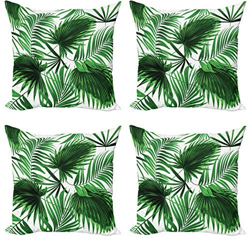 ABAKUHAUS Palmblatt Dekokissen Kissenbezug 4er Pack, Vivid Blätter Wachstum, Modern Accent Doppelseitiger Digitaldruck, 40 x 40 cm, Farngrün Weiß