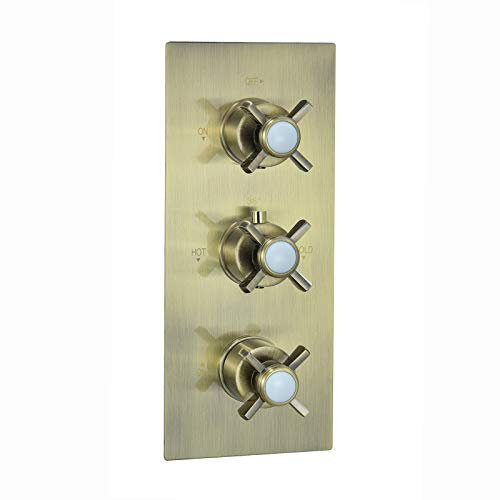 ENKI, Edwardian, TSV063, Concealed Thermostatic Triple Diverter Shower Mixer Valve with Three Outlets, Cross Handles, Traditional Bathrooms, Constant Temperature, Antique Brass