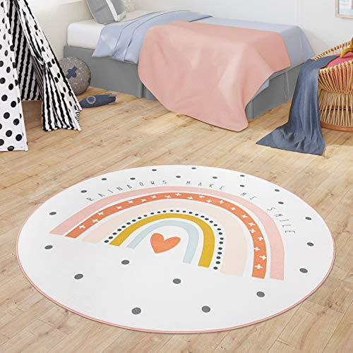 TT Home Teppich Kinderzimmer Kinderteppich Babymatte Regenbogen Motiv Mit Herz Design, Farbe:Creme, Größe:80 cm Rund