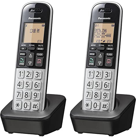 Panasonic Compact Cordless Phone with DECT 6.0, 1.6 Amber LCD and Illuminated HS Keypad, Call Block, Caller ID, Multiple Display Languages - 2 Handset - KX-TGB812S (Black/Silver)