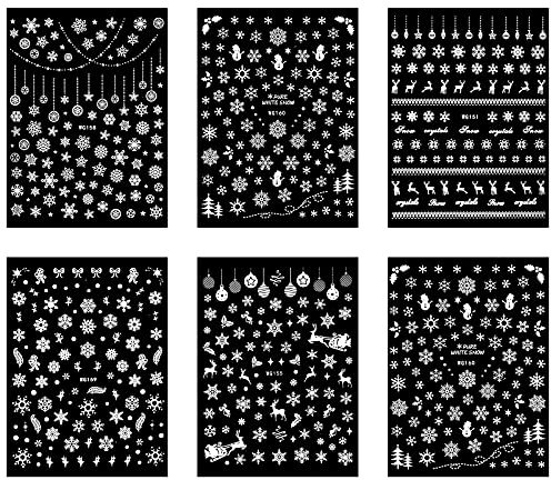 AIEX 6 Blatt Schneeflocken Nagelsticker Weihnachtsnagelabziehbilder Weihnachtsnagelsticker Elch Bell Schneemann Nail Art Sticker winter für Weihnachten Beauty Nail Weihnachtsnagel DIY Dekor (Weiß)