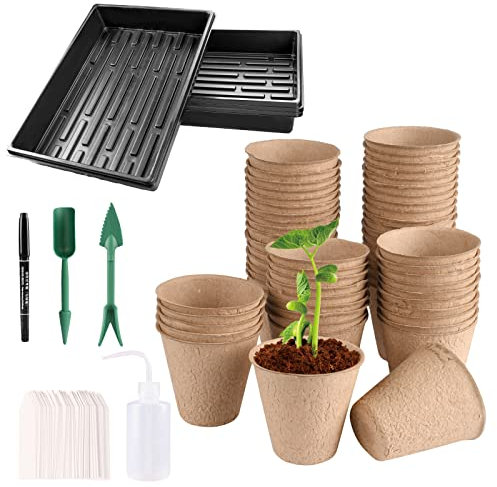 Godet Semis, Pot Semis Biodegradable Lot de 60 Bacs à Graines et Pots de Fleurs en Carton pour Semis, Pots en Fibre de 8 cm Compostables avec étiquettes, 4 Plateaux de Semis sans Trous de Drainage
