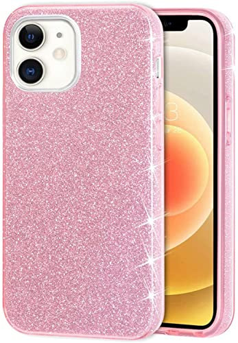 Mixroom - Custodia Cover per iPhone 12 Case in TPU Morbido Rosa con Brillantini Glitter 3 in 1