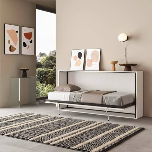 IMAGO FACTORY Kendo Single - Horizontales Klapp-Einzelbett, Raumsparbett, Faltbar, L.200 P.106 H.97, Wandklappbett, Matratze Inklusive, Weiße Aschefarbe