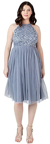 Maya Deluxe Women's Ladies Midi Dress with Halter Neck Tulle for Evening Graduation Prom Wedding Bridesmaids Ball Gown, Dusty Blue, 16