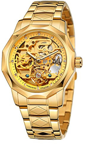BOLYTE Armbanduhr Herren Analog Automatik Edelstahl Mechanische Skelett Männer Uhr Glas Rückseite, 8240 - Gold
