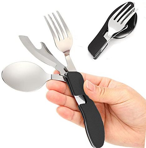 Senvenelec Multifonction 4 en 1 vaisselle de camping matériel de camping mis en acier inoxydable fourchette cuillère ensemble ouvre bouteille/voyage/survie - pliable détachable - le noir.