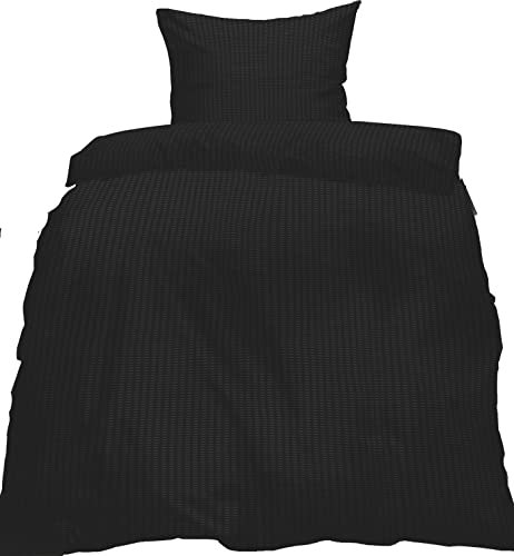 KH-Haushaltshandel Seersucker Bettwäsche, schwarz, 135 x 200 + 80x80cm, bügelfrei, Uni/einfarbig,(60287)