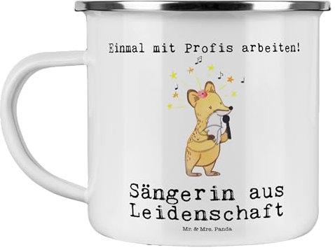 Mr. & Mrs. Panda Camping Emaille Tasse Sängerin Leidenschaft - Geschenk, Kollegin, Rente, Schenken, Emaille Campingbecher, Firma, Camping Tassen,
