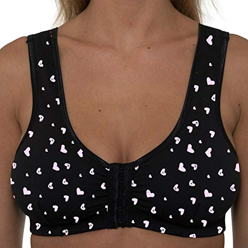 Liv Lingerie GEMM Front Fastening Cotton Rich Bra for Ladies Women Non Wired Post Surgery Soft Stretch in Multiple Colour Choices Regular to Plus Sizes Easy Open Comfort Wirefree (40, Black Heart)