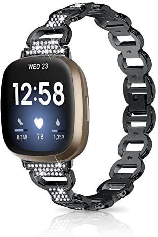 WoPail Armband Damen Kompatibel mit Fitbit Versa 4 / Versa 3 / Sense 2 / Sense, Bling Strass Diamant Schmuck Ersatzarmband, Frauen Glitzer Armbänder für Fitbit Sense 2 / Sense - Schwarz