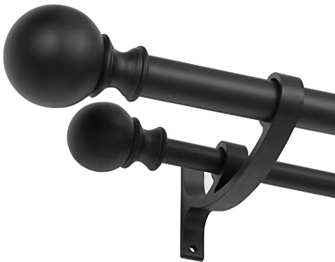 Mattschwarze Doppel-Gardinenstangen für Fenster, 71,1 - 121,9 cm, dekorative Doppel-Gardinenstange mit runden Endstücken, 2,5 cm vorne und 1,6 cm hinten, Doppelstange