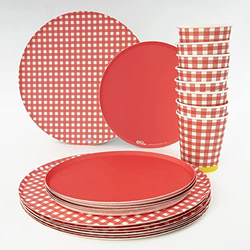 PARTY PARTY Einweg Partygeschirr-Set Rot Kariert, Gingham, Vichy, 24-teilige Party-Deko für 8 Gäste (Pappbecher, Pappteller, Dessertteller), Weihnachten, Picknick, Geburtstag, Party