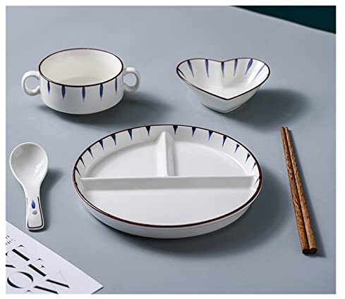Ensemble de couverts for plateaux de portions, assiette à compartiments for adultes, ensemble de 6 couverts avec bol et tasse, assiette à dîner en céramique avec contrôle des portions, lavable ( Color