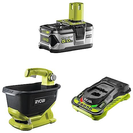 Ryobi RB18L50 ONE+ Lithium+ 5.0Ah Battery, 18 V & RYOBI Cordless Seed Spreader & Ryobi RC18150 18V ONE+ Cordless 5.0A Battery Charger, Hyper Green/Grey