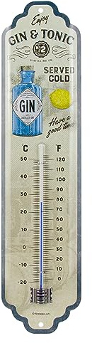 Nostalgic-Art Retro Thermometer, 7 x 28 cm, Gin & Tonic Served Cold – Geschenk-Idee als Bar-Zubehör, aus Metall, Vintage Design