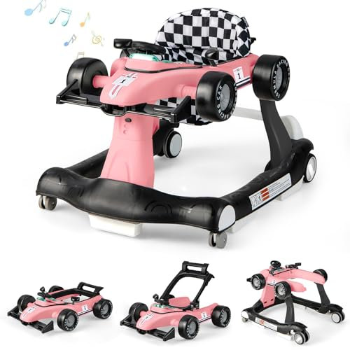 DREAMADE 4 en 1 Trotteur Bébé avec Hauteur&Vitesse Réglable Trotteur Marche Pliable Garçon Fille 6-18 Mois avec Roue Universelle Silencieuse&Musique&Lumière Charge 12 KG (Rose Clair)