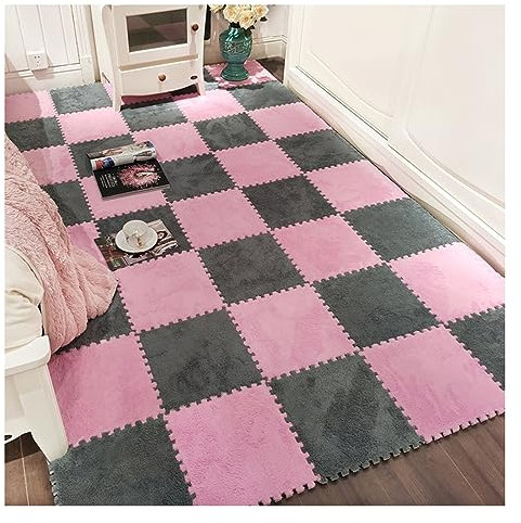 12 Stück – Plüsch-Puzzle-Schaum-Bodenmatte – Ineinandergreifende Teppichfliesen – Flauschige Puzzle-Matten, Quadratische Teppiche, 30 X 30 cm Große Schaumstoff-Bodenfliesen(Color:Rosa+Grau)