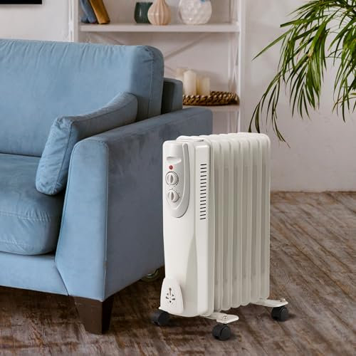 Oil Filled Radiator, 3 Heat Settings and Thermostat Timer, Overheat Safety Cut-off, Portable Heater with Quiet Operation (1 x White 7 Fin)
