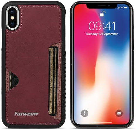 LOLFZ Case for iPhone XS Max, Slim Back Case with Card Holder Premium PU Leather Cover Shockproof TPU Bumper Protective Phone Case Cover for iPhone XS Max - Wine Red