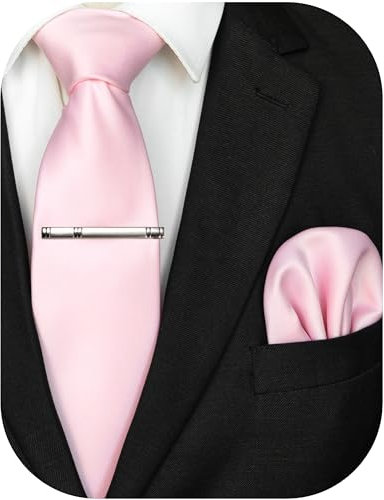 JEMYGINS Herren Krawatte mit Matte Oberfläche inklusive Einstecktuch und Krawattenklammer Set in verschiedenen Farben,Hell-Pink