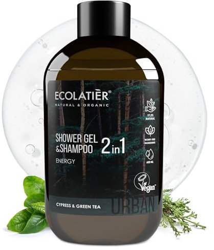 Shower Gel & Shampoo 2-in-1 Energy – Zypresse und Grüner Tee, Duschgel und Shampoo für Herren, Vegan, 97.5% Natürliche Inhaltsstoffe - 600 ml/ECOLATIER